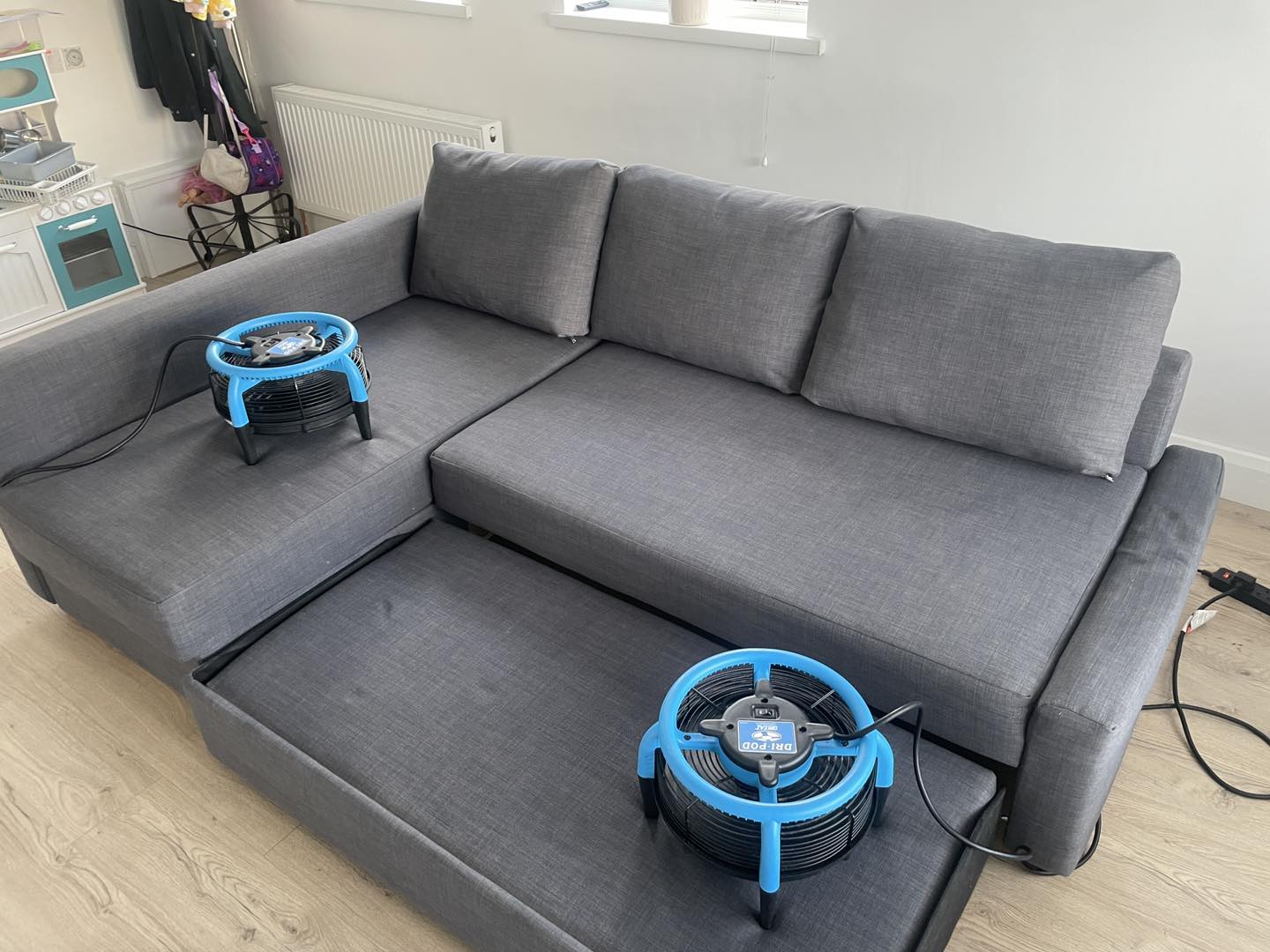Sofa with pull out section after a deep clean